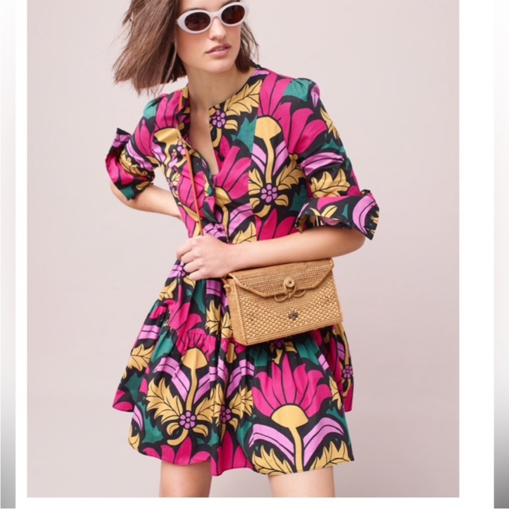 J Crew Ratti Tiered Dress in Beatrice Floral Pink, Green, Black and Yellow Dress